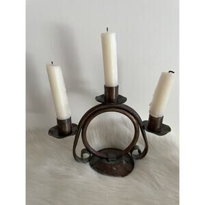 Vintage Copper Candle Stick Holder For Three Candles Circular Primitive Patina